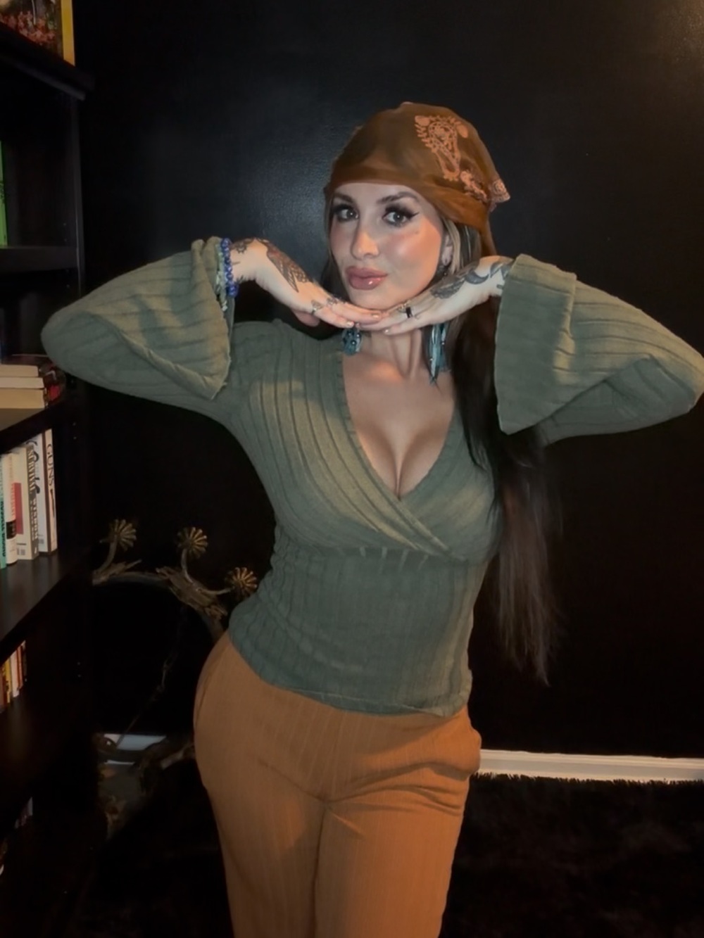 V-Neck Ribbed Bell-Sleeve Sweater - Olive Green